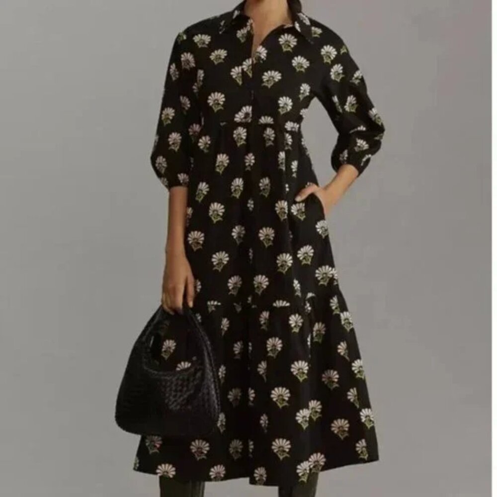 Anthropologie Bettina Black Floral Tiered Shirtdress | XS